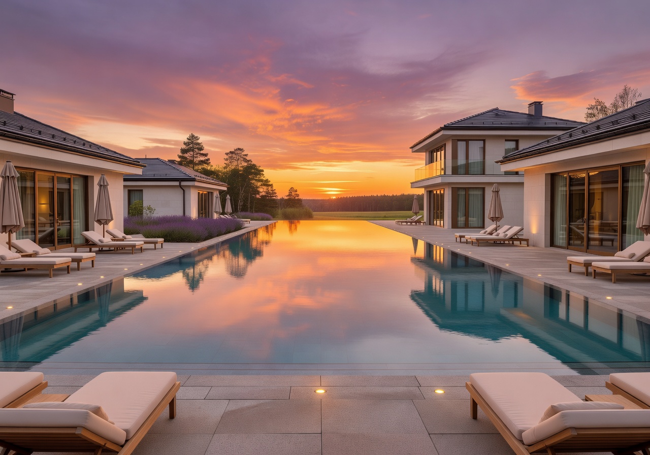 Luxury Poland resort skyline at sunset with infinity pool